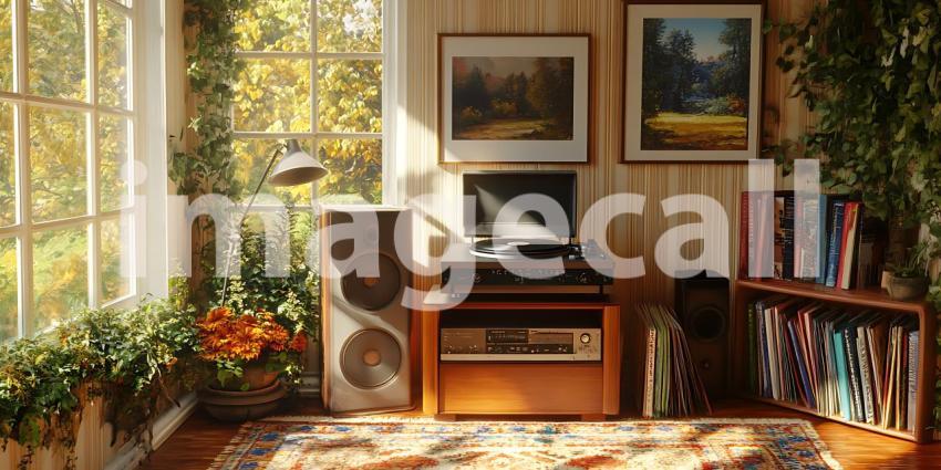 Sunlit Room with Vintage Stereo and Plants Cozy Home Interior