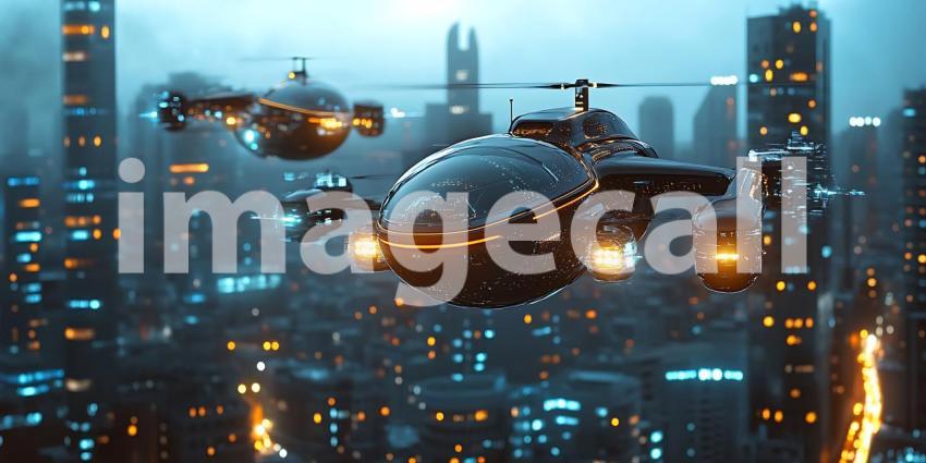 Futuristic Cityscapes Flying Vehicles Over a Neon Metropolis