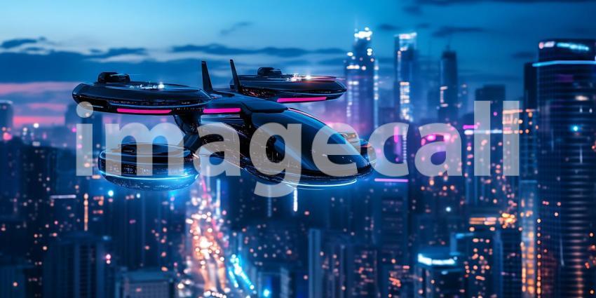 Futuristic Cityscape Flying Vehicles Over Neon Skyline