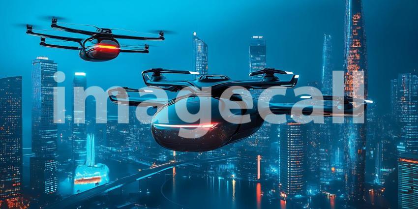 Futuristic Drones Soaring Over a Neon Cityscape