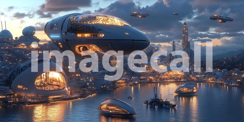 Futuristic Cityscape Flying Vehicles and Illuminated Towers