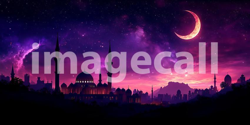 Magical Crescent Moon Night Cityscape Silhouette