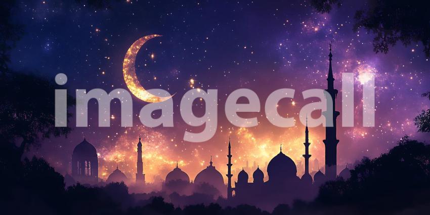 Magical Crescent Moon Night Ramadan Islamic Cityscape Starry Sky