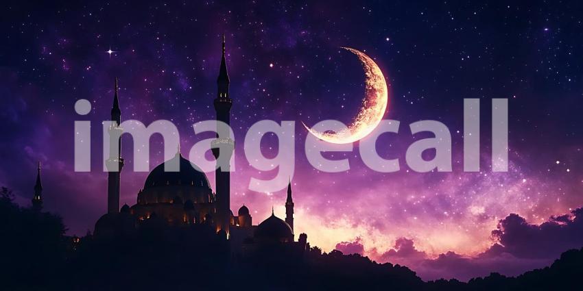 Crescent Moon Over Mosque Night Sky Ramadan Islamic Art