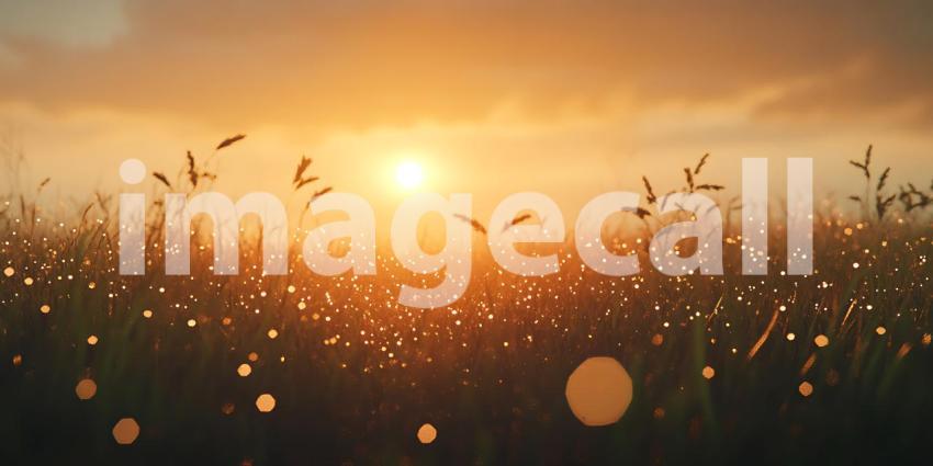 Stunning Sunset Landscape Golden Hour Meadow with Dewdrops and S