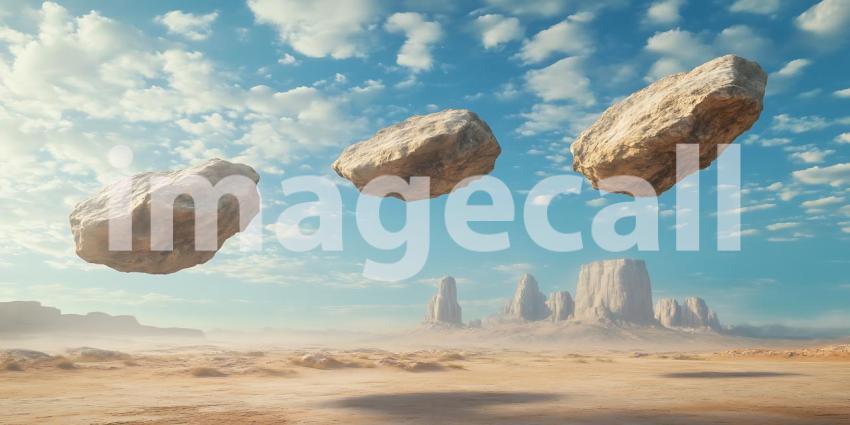 Floating Rocks Over Desert Landscape Surreal Digital Art