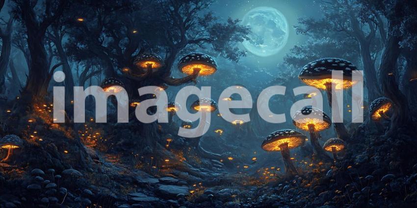 Enchanted Forest Night Scene Glowing Mushrooms Moonlight Fantasy