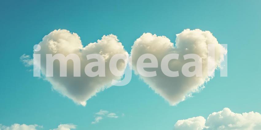 Two HeartShaped Clouds in Blue Sky Romantic Love Background