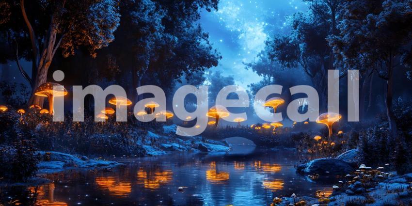 Enchanted Forest Night Glowing Mushrooms Fantasy Background