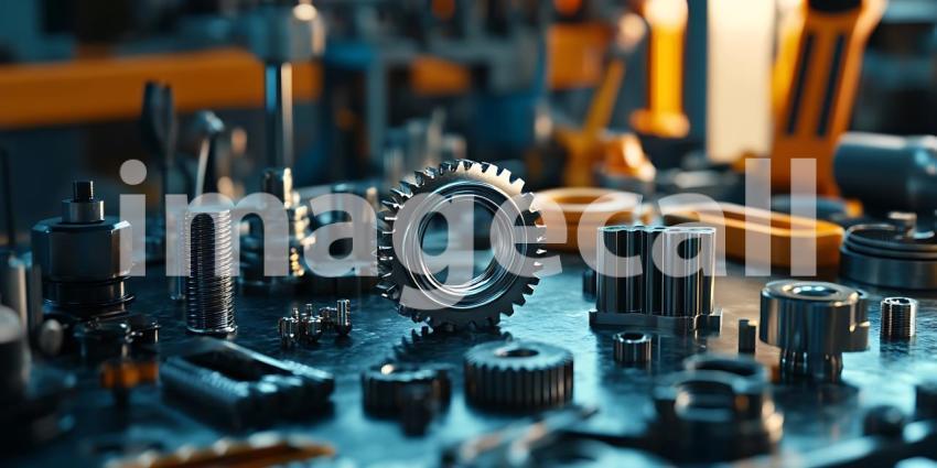 Industrial Machine Parts Closeup of Gears Bolts and Metal Compon