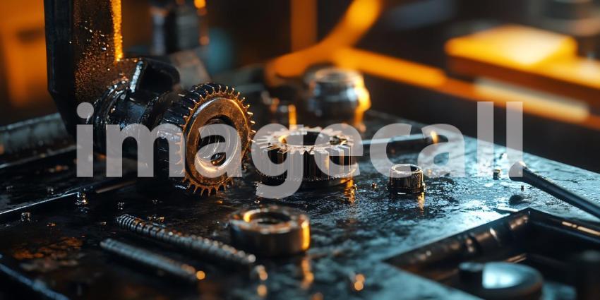 CloseUp of Industrial Machine Parts Gears Bolts and Nuts