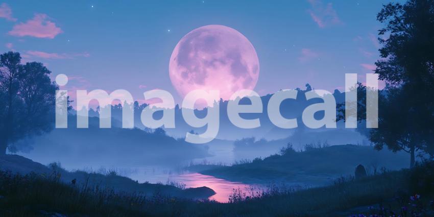 Pink Moon Landscape Night Scene with Misty Forest and River