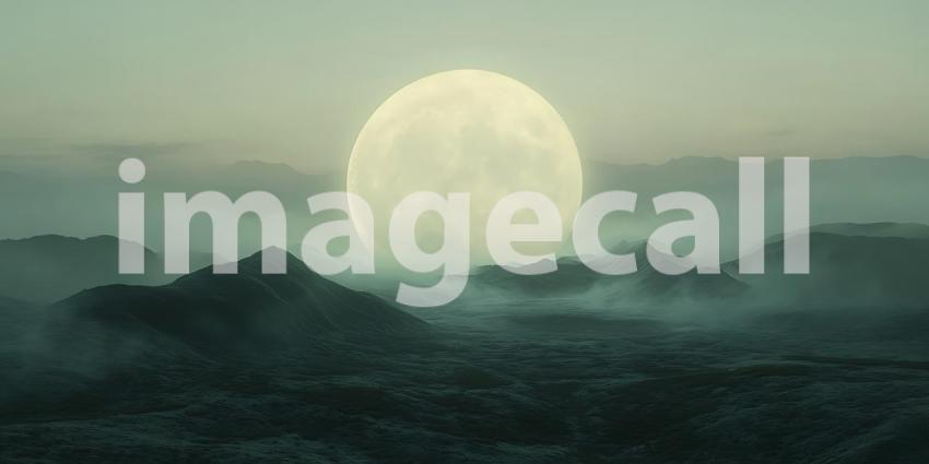 Misty Landscape with a Giant Moon A Surreal Night Scene