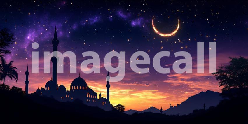 Crescent Moon and Starry Night over Mosque