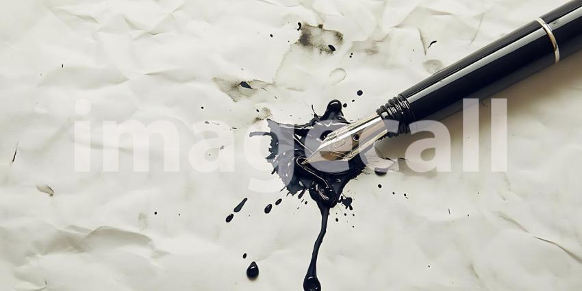 Ink Spill Fountain Pen and Ink Blot on Paper