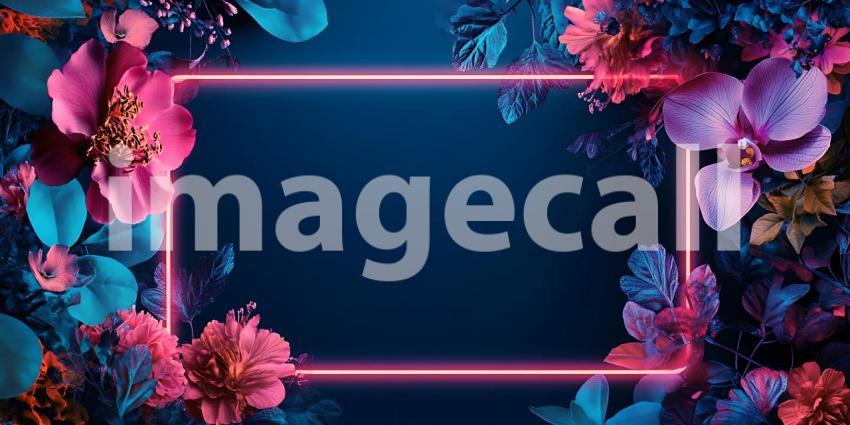 Neon Floral Frame Vibrant Pink  Blue Flowers Background