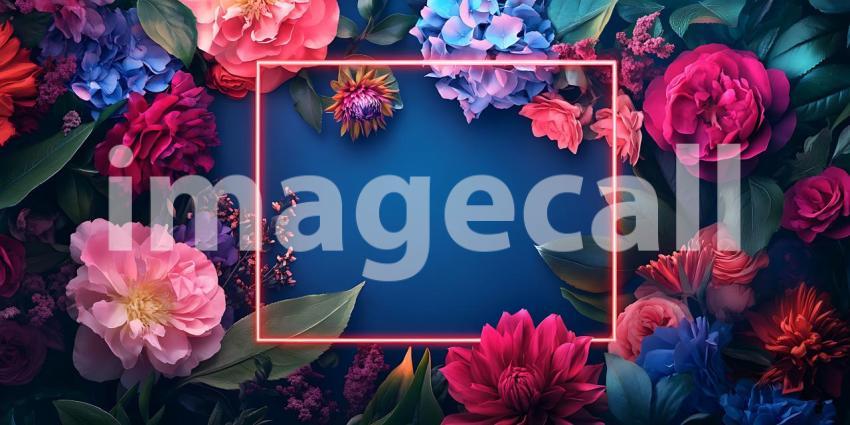 Vibrant Floral Frame Dark Blue Background with Pink Red and Purp