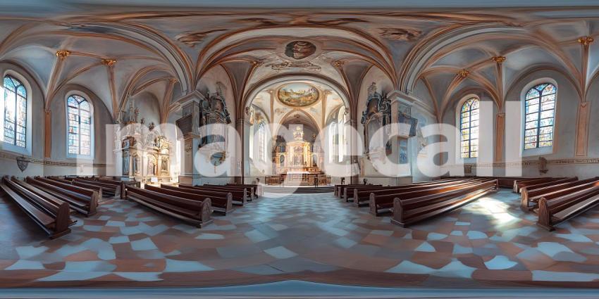 Panoramic View Desolate Church Interior Architectural Ruin Gothi