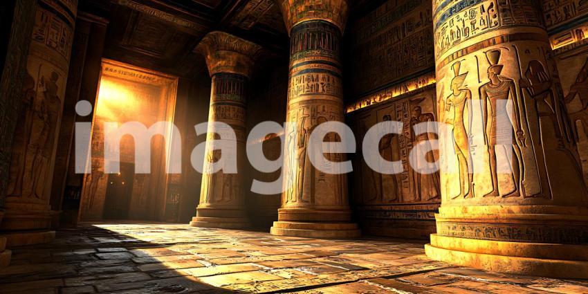 Ancient Temple Interior Sunlit Pillars and Ruins