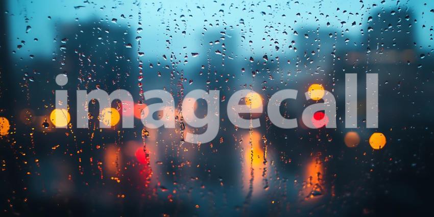 Rainy City Night Blurred Lights and Raindrops on Glass