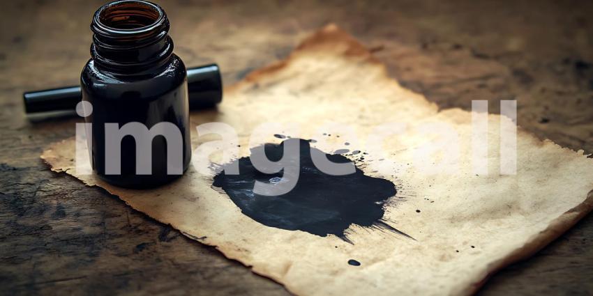 Antique Inkwell Parchment Paper Ink Blot Vintage Writing Image