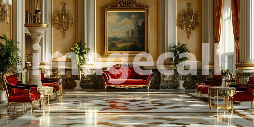 Luxury Living Room Interior Design Elegant Red Sofa Marble Floor
