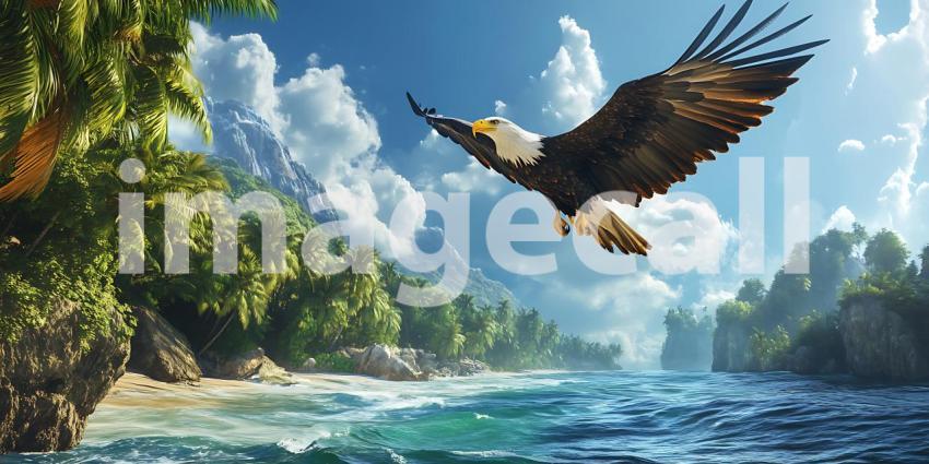 Majestic Eagle Soaring Over Tropical Paradise A Breathtaking Sce