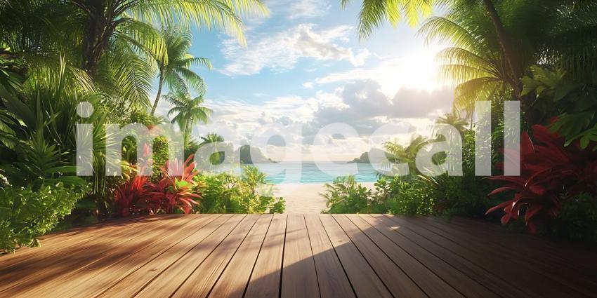 Tropical Beach Paradise Wooden Deck Overlooking Ocean Vista