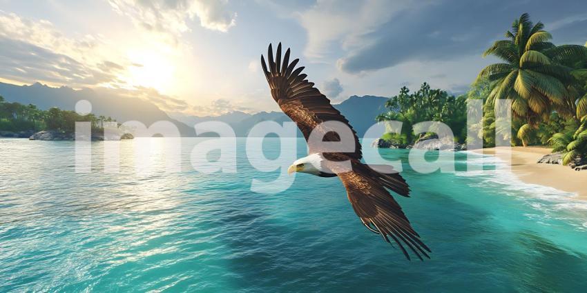 Majestic Eagle Soaring Over Tropical Paradise Breathtaking Ocean