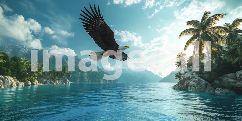 Majestic Eagle Soaring Over Tropical Paradise A Breathtaking Vis