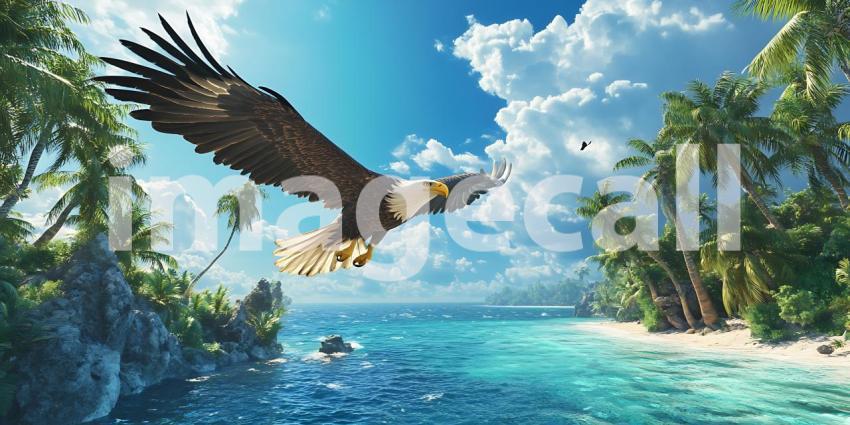 Majestic Bald Eagle Soaring Over Tropical Paradise A Breathtakin