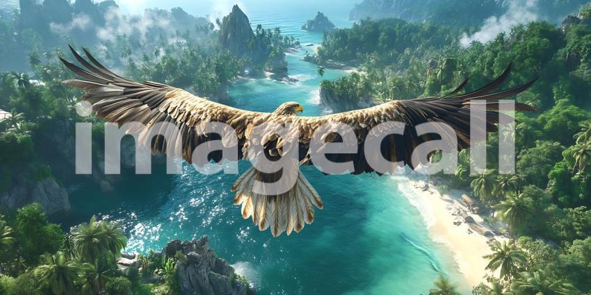 Majestic Eagle Soaring Over Tropical Paradise Breathtaking Aeria