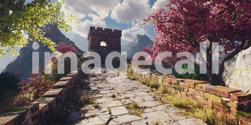 Epic Fantasy Landscape Ruins Path and Blossoming Trees