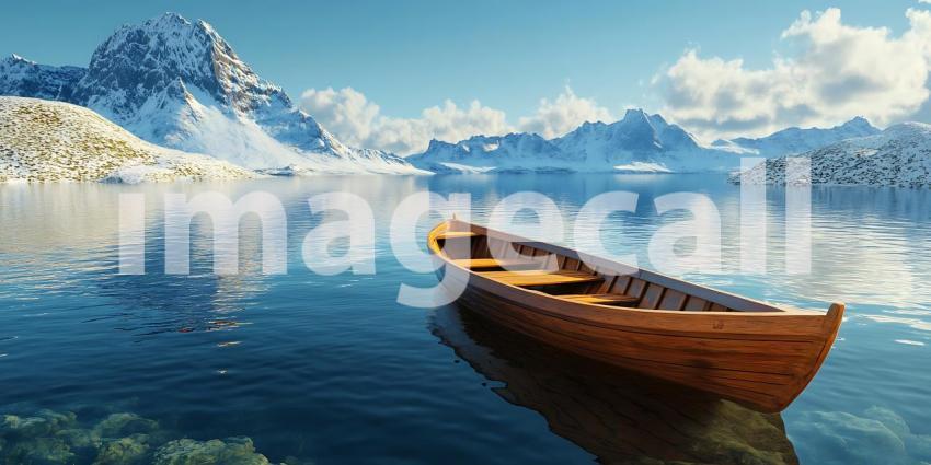 Solitary Wooden Boat Sailing Through Icy Mountains A Journey of