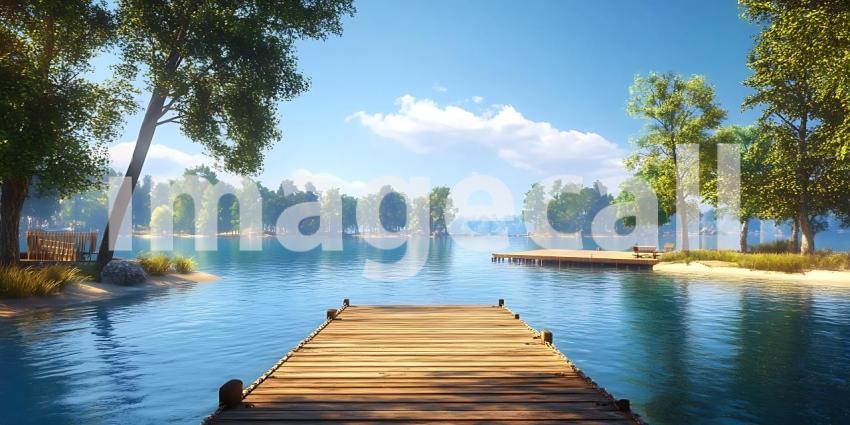 Serene Lakeside Vista Tranquil Wooden Dock Lush Greenery and Cal