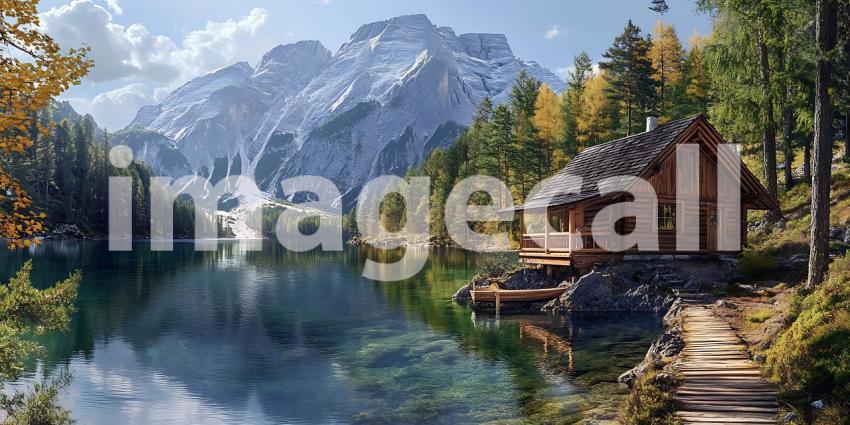 Serene Mountain Cabin Landscape Picturesque View of Alpine Lake