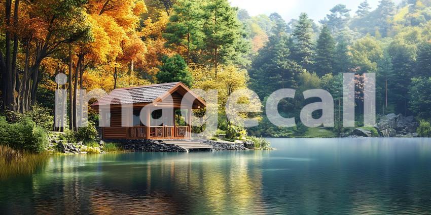 Autumn Lakeside Cabin Peaceful Fall Scene