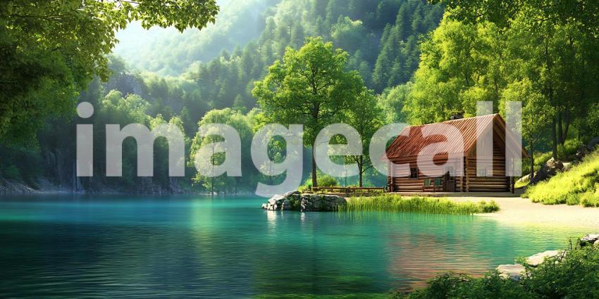 Secluded Lakeside Cabin Lush Greenery  Tranquil Water  Perfect E