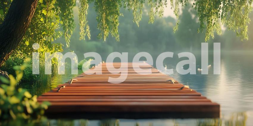 Serene Wooden Dock Extending Over Misty Lake Tranquil Nature Sce