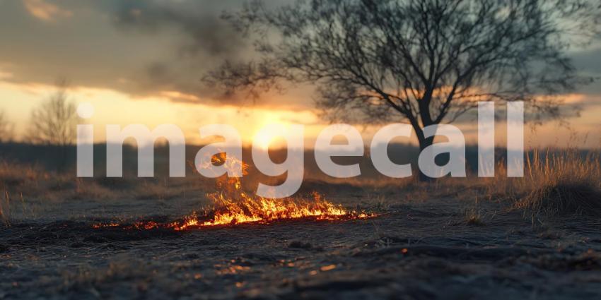 Sunset Blaze Dramatic Landscape Photography  Fiery Field Lone Tr