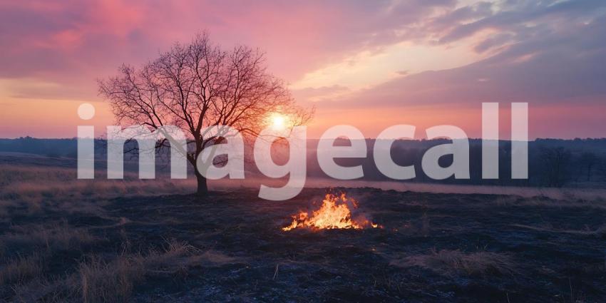 Majestic Sunset Solitary Tree and Campfire in Serene Landscape
