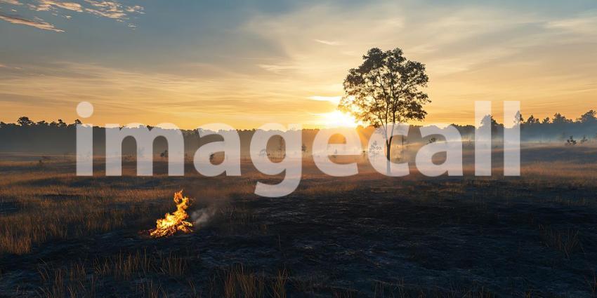 Epic Sunset Landscape Lone Tree Silhouette Against Vast Crowd