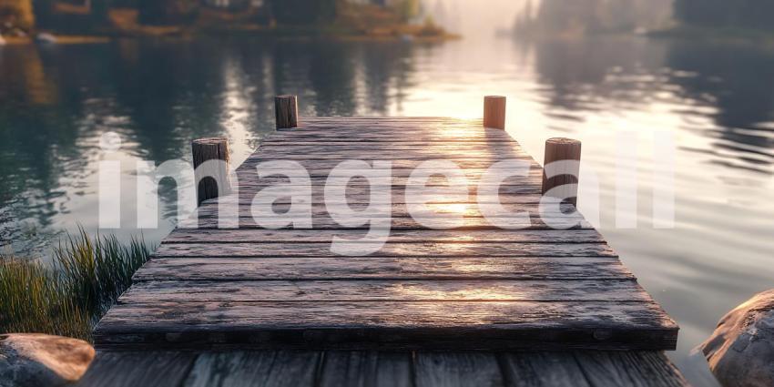Misty Morning Serene Wooden Dock on Calm River  Peaceful Nature