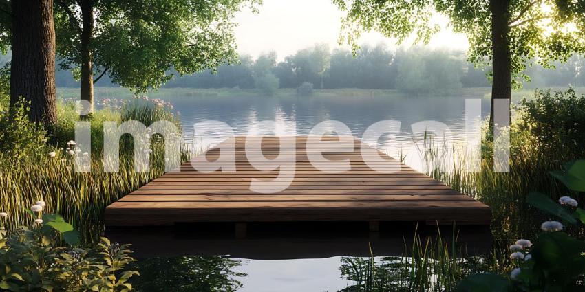 Serene Lake Dock Tranquil Nature Escape  Peaceful Wooden Pathway