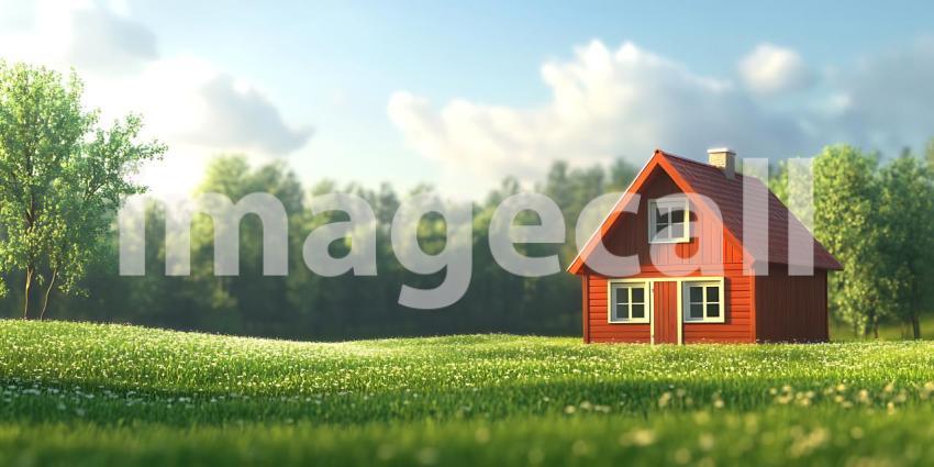 Red Cottage in a SunDrenched Meadow Idyllic Countryside Scene