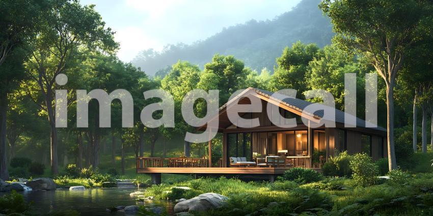 Stunning Cabin in Lush Mountain Forest Scenic Landscape Photogra
