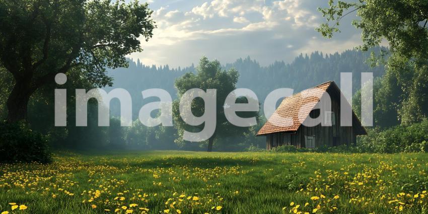 Secluded Cabin in a Lush Meadow Peaceful Nature Scene for Deskto