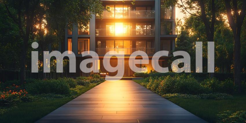 Sunset Views Luxurious Apartment Building in Lush Green Setting