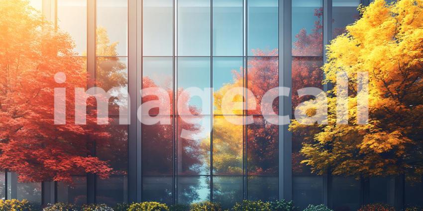 Autumnal Urban Landscape Vibrant Fall Foliage Reflected in Moder