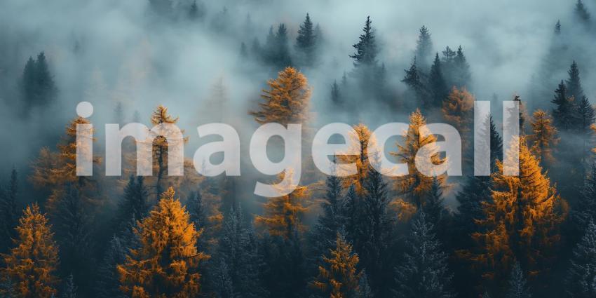 Misty Mountain Forest Autumnal Pines in Serene Landscape